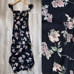 Flynn Skye Bardot Maxi Dress Black Botanical Print Womens Medium Boho Floral 90s
